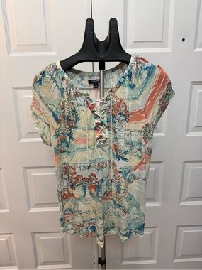 Chaps Multi-Color Lace-Up Short Sleeve Printed Blouse